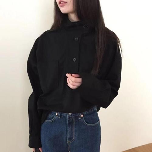 Korean chic autumn niche design stand collar diagonal button loose solid color casual versatile long-sleeved shirt tops for women