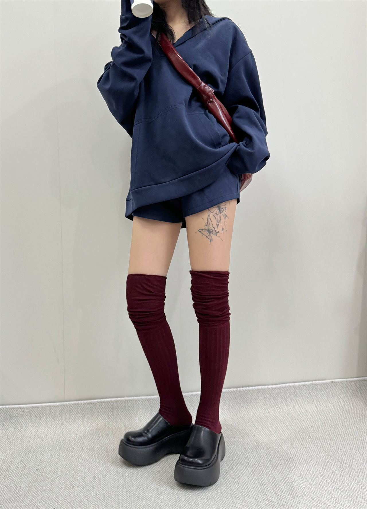 實拍~秋冬安哥拉紅 過膝襪坑條堆堆襪疊穿靴襪防滑純棉長筒襪