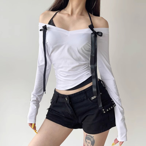 40 count pure cotton bow halter fake two-piece spliced ​​V-neck long-sleeved T-shirt bottoming top