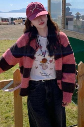 Two-color lazy striped sweater cardigan loose versatile short coat