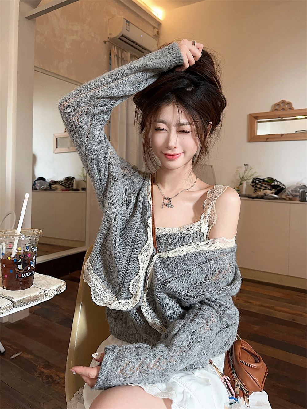 Photographed~ Korean Style Mohair Ribbed Slimming Tank Top with Lace Flower Edge Long Sleeve Knit Cardigan