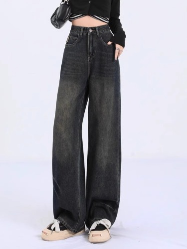 Retro high-waisted wide-leg jeans for women in autumn new style small American high street straight pants