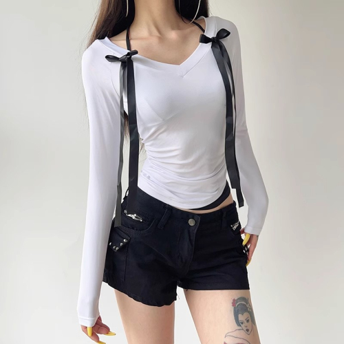 40 count pure cotton bow halter fake two-piece spliced ​​V-neck long-sleeved T-shirt bottoming top