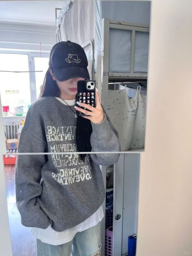 American Retro Women's Fall/Winter Thick Letter Embroidered Gray Crew Neck Knit Sweater Loose Hooded Long Sleeve Top