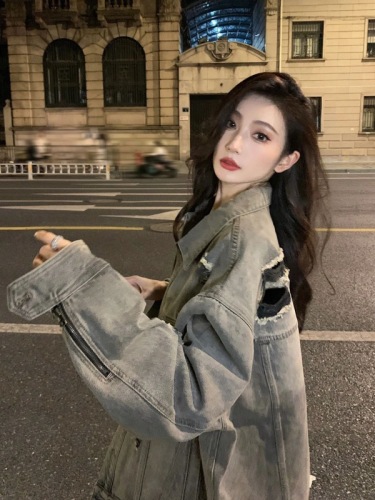 oversize trendy brand retro ripped denim jacket women's trendy spring and autumn American loose old washed jacket top