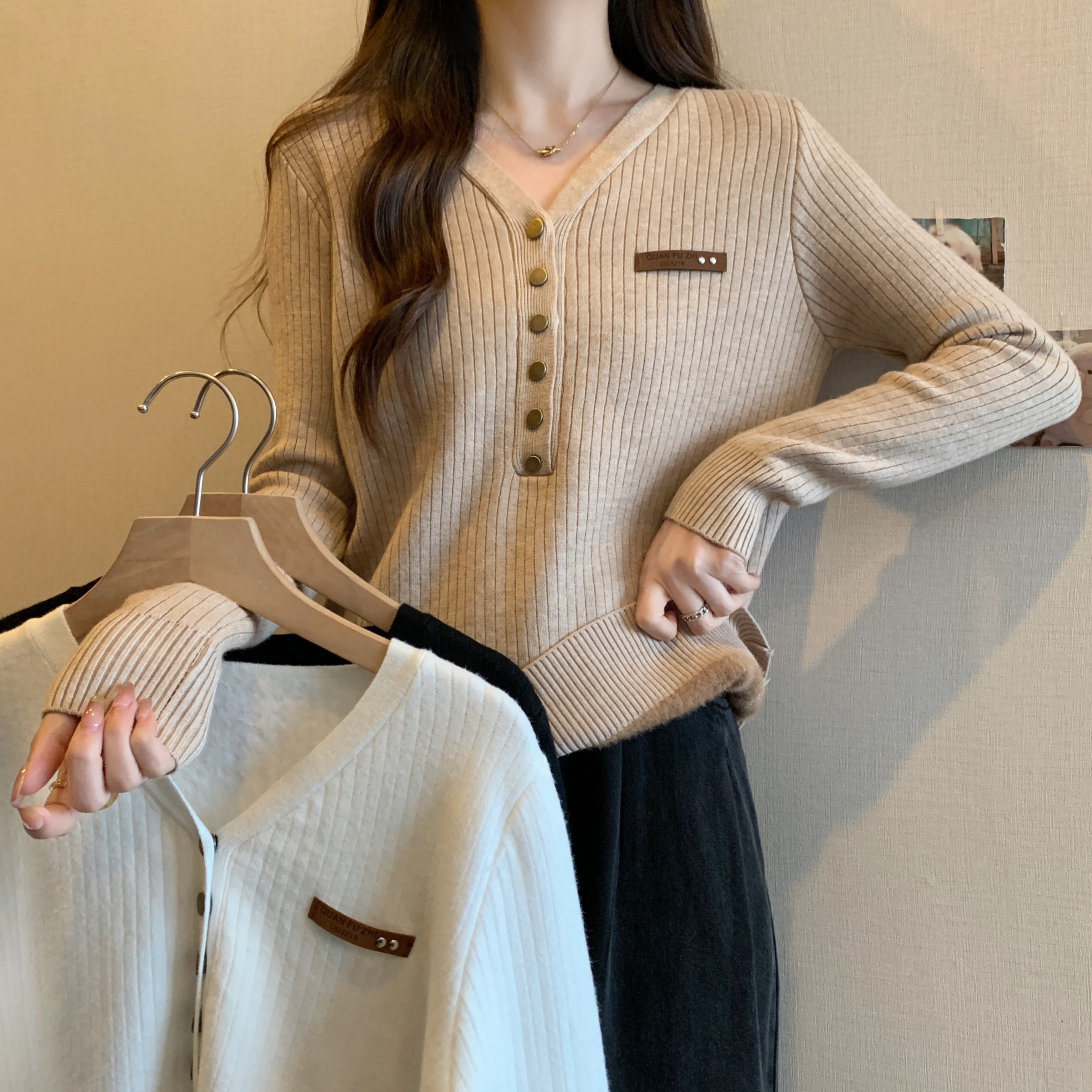 Actual shot~ Large size MM thick winter lined seamless cashmere sweater slim knit base shirt