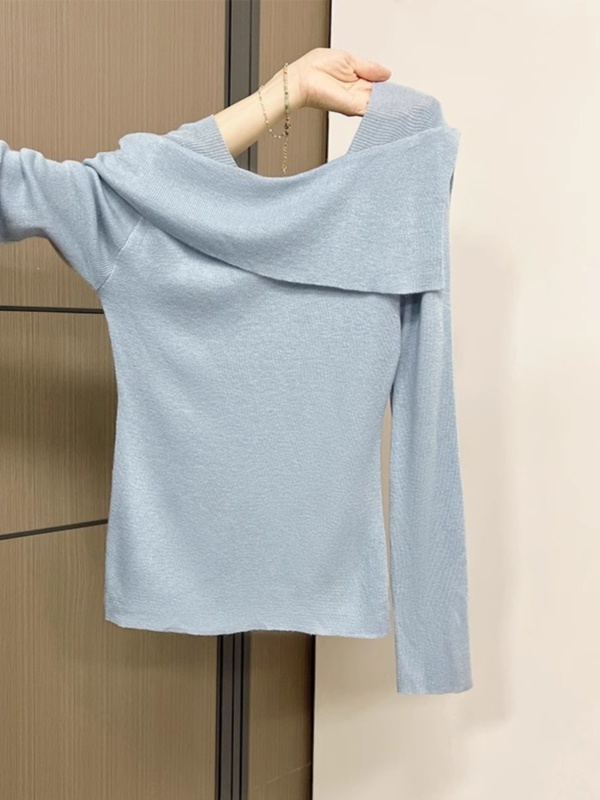 Korean one-shoulder long-sleeved bottoming sweater for women in autumn with angled lapel, off-shoulder soft waxy sweater and elegant top