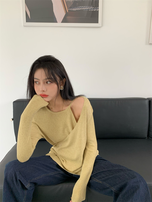 Large size sweater with irregular design niche long-sleeved black sweater women's early autumn loose top