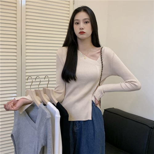 Actual price Irregular slit v-neck sweater autumn and winter sweater with long-sleeved bottoming shirt top