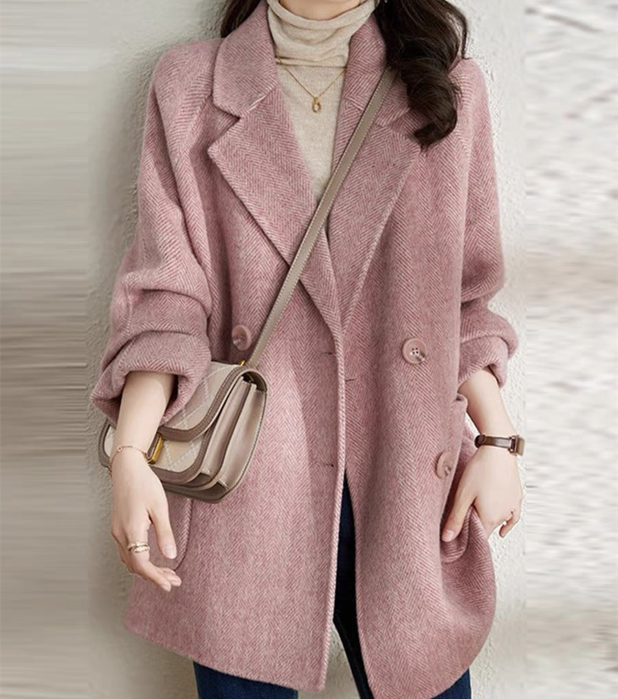 2024 new autumn and winter pink woolen coat for women small medium length Korean style woolen coat with casual temperament