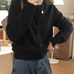 Gray wool cardigan women's round neck knitted sweater coat autumn and winter Korean version versatile short style slimming bottoming cashmere sweater