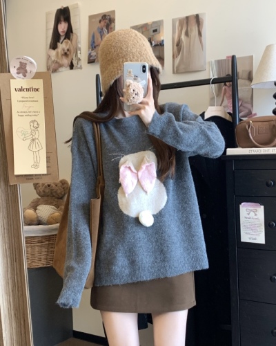 Real shot ~ Casual lazy style long-sleeved round neck three-dimensional rabbit knitted sweater autumn and winter loose slimming top