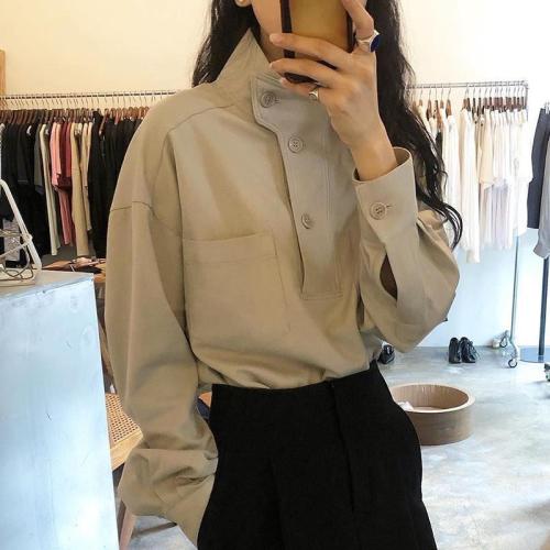 Korean chic autumn niche design stand collar diagonal button loose solid color casual versatile long-sleeved shirt tops for women