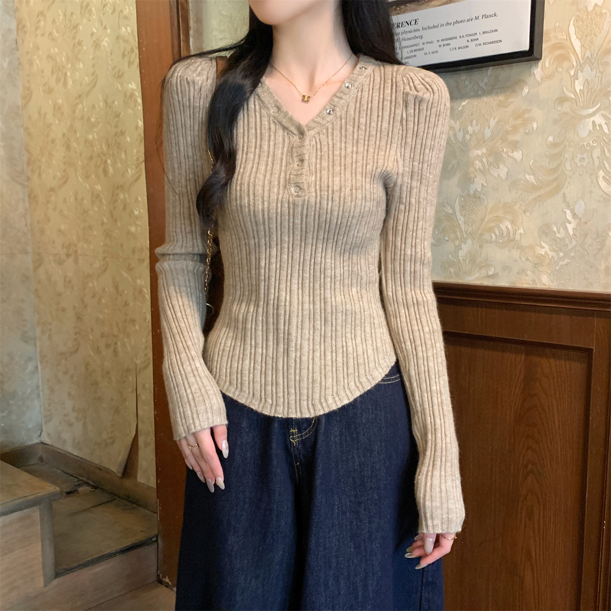 Actual shot of autumn and winter Korean style half-open collar stud-buttoned slim-fitting Andy velvet sweater bottoming long-sleeved sweater