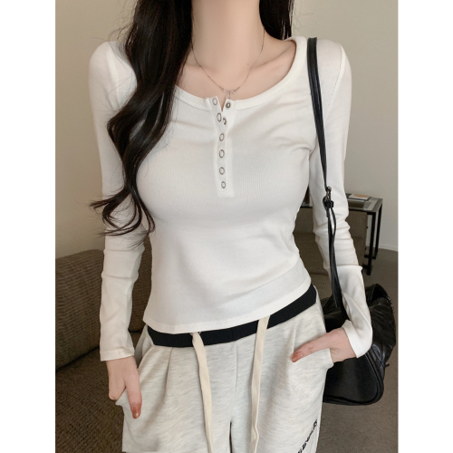 Real shot 40 count pure cotton autumn and winter long-sleeved T-shirt women's slim bottoming shirt solid color buttoned top