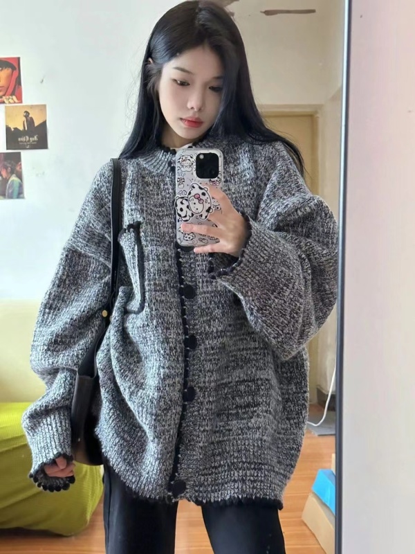Korean style hiphop small fragrance cardigan sweater for women autumn and winter loose high-end soft and waxy thickened sweater jacket trendy