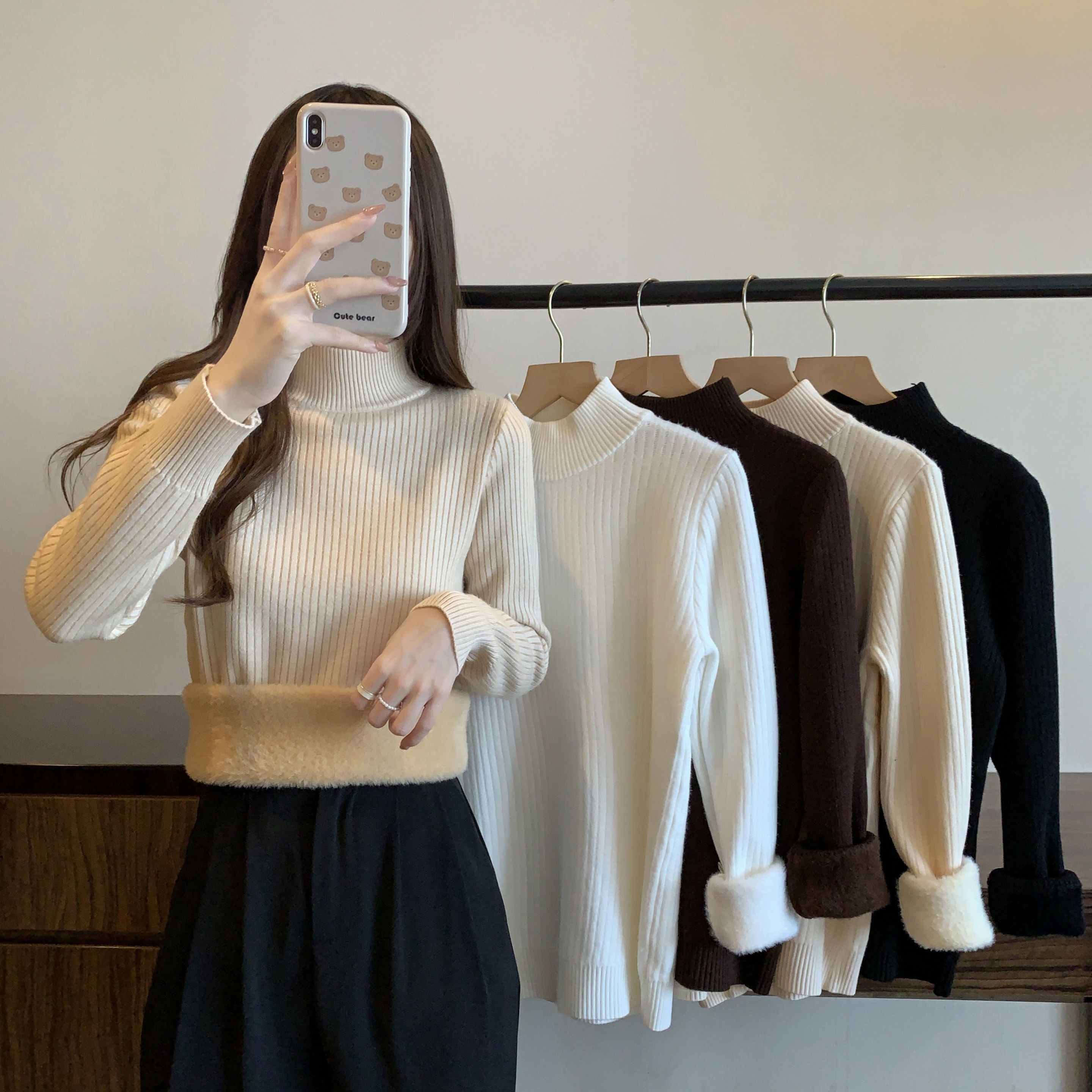 Photographed~ Large size one-piece plush added plush thick half-length turtleneck sweater with ribbed inner layer knit top