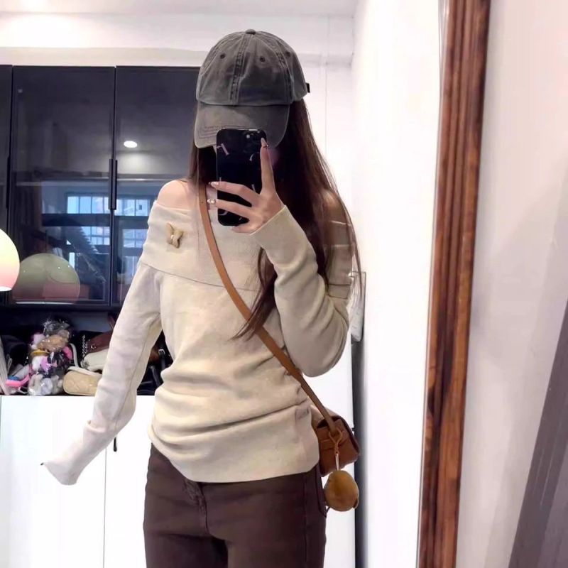 Already shipped retro one-shoulder sweater for women, spring and autumn slim fit, versatile top trendy