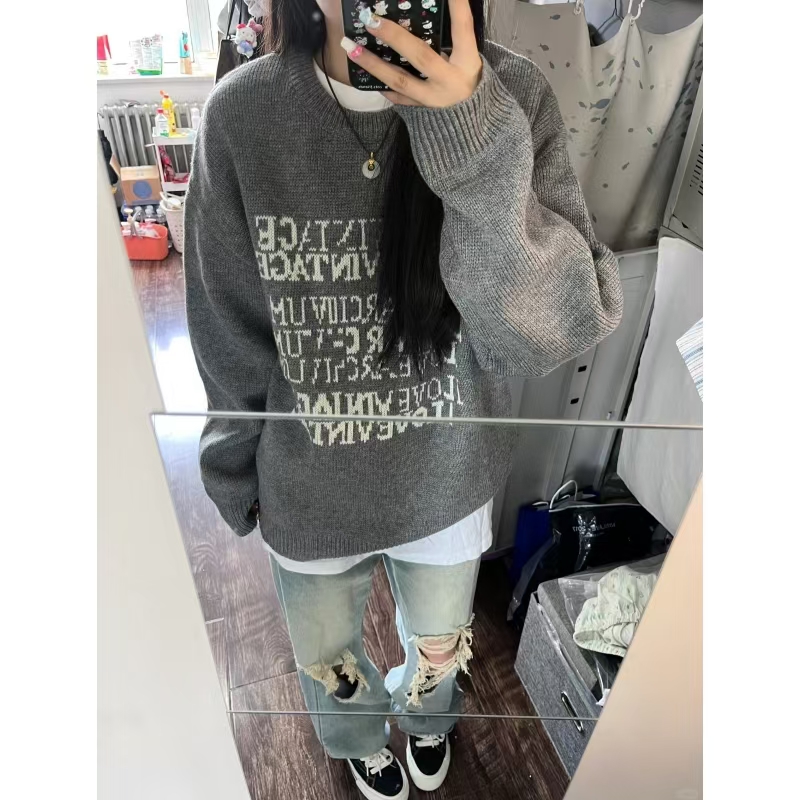 美式復古毛衣女秋冬加厚字母提花灰色圓領針織衫寬鬆套頭長袖上衣