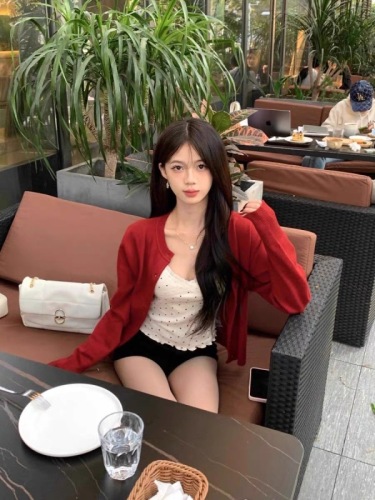 Red Cardigan Women's Autumn Knitted Sweater Jacket Small Slim Fit Sweater Korean Short Top