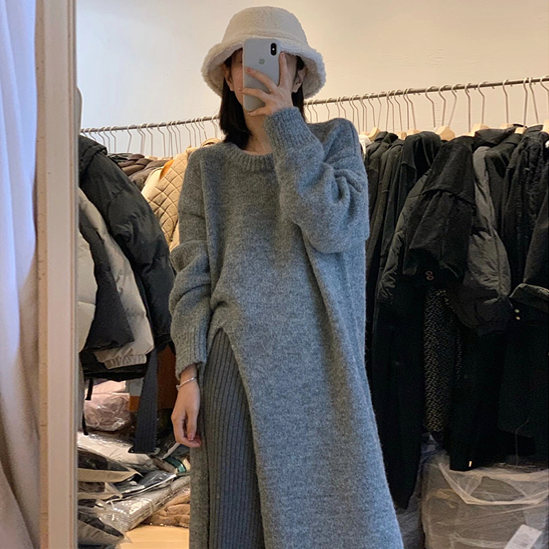 Autumn and winter lazy style round neck pullover sweater skirt women's loose knee-length mid-length side slit knitted dress
