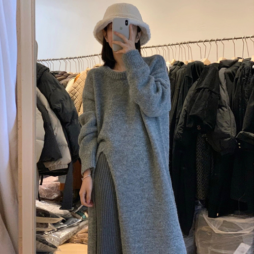 Autumn and winter lazy style round neck pullover sweater skirt women's loose knee-length mid-length side slit knitted dress