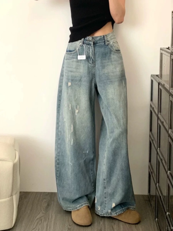 Washed and frayed design denim wide-leg pants for women 2024 high-waisted slimming crotch-covering straight floor-length pants