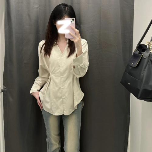 V-neck shirt women's 2024 new niche design waist shirt long-sleeved top