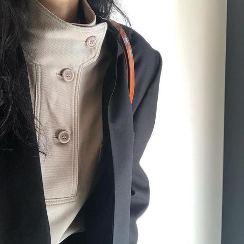 Korean chic autumn niche design stand collar diagonal button loose solid color casual versatile long-sleeved shirt tops for women
