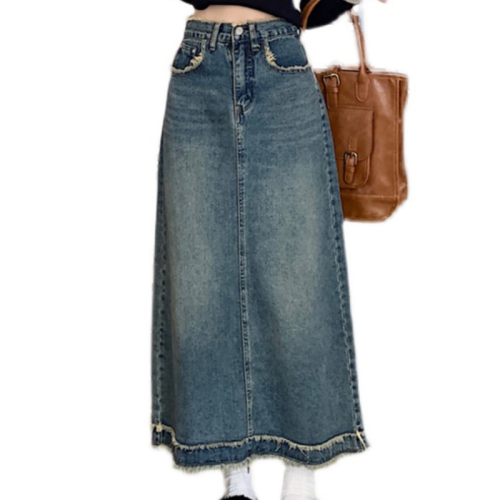 Raw edge denim skirt for women plus size, fat mm, high waist, covering the crotch, slimming the pear-shaped figure