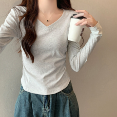 Right shoulder v-neck pure cotton long-sleeved t-shirt for women spring and autumn design pleated tight short American top