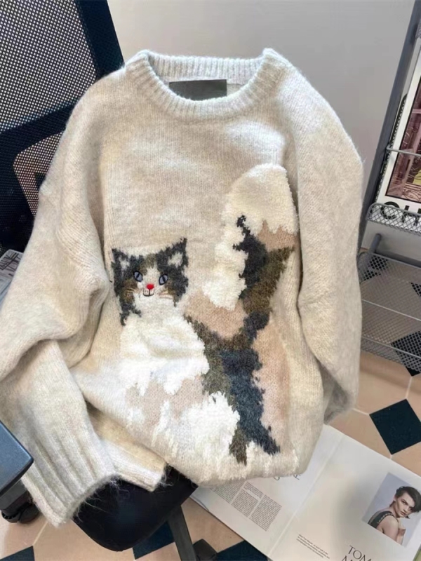 Gentle top Korean autumn and winter high-end soft and waxy sweater design lazy knitted sweater cute cat top