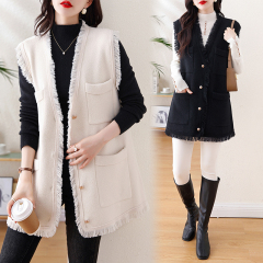 Actual shot of 2024 plus size women's autumn and winter new style tassel double-sided cashmere loose mid-length woolen vest outer