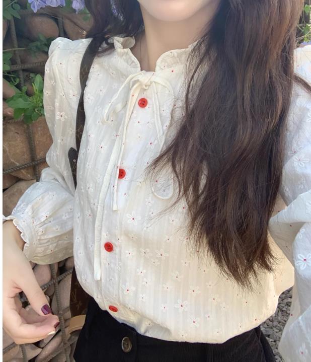 White lace collar embroidered shirt French loose puff sleeve top