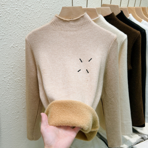 Real-shot fleece-lined one-piece sweater for women, 2024 new style, inner layer half-high collar pullover base knitwear, warm top