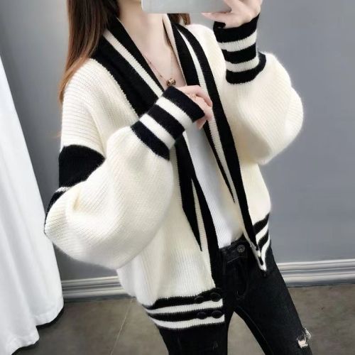 Korean autumn and winter chic contrasting color baseball uniform V-neck large cuffed long-sleeved loose thickened sweater jacket