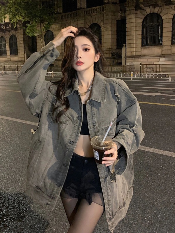 oversize trendy brand retro ripped denim jacket women's trendy spring and autumn American loose old washed jacket top