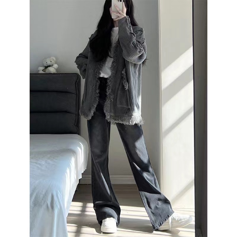 Knitted sweater women's early autumn new style lazy style raw edge tassel loose long-sleeved cardigan top jacket