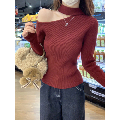 Actual shot of autumn and winter Korean style slim-fit pure desire halterneck slimming Andy velvet sweater bottoming sweater top