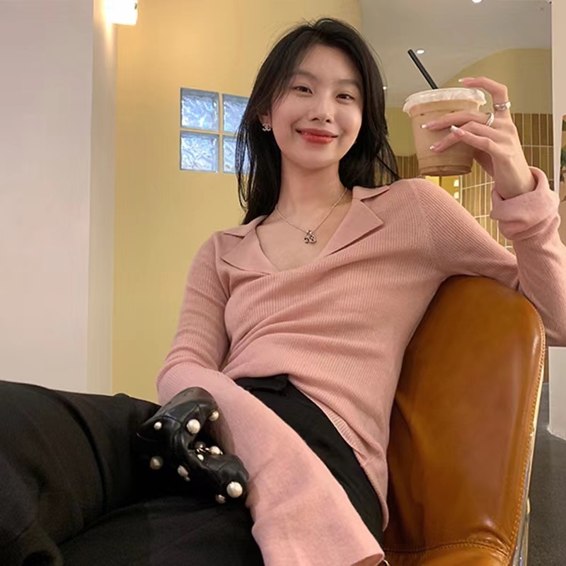 polo collar plus velvet thickened wool sweater top women's autumn Korean style slim bottoming shirt women's inner sweater