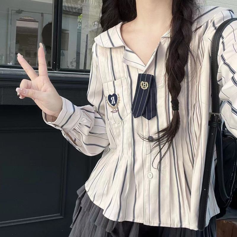 Tie shirt official navy collar shirt for women preppy style versatile long sleeves