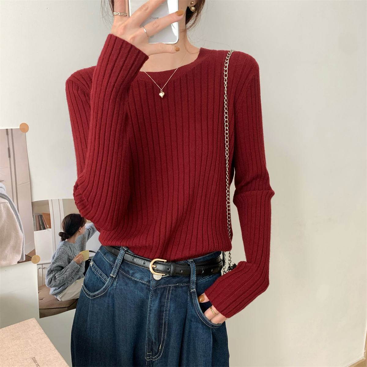 Actual shot of autumn and winter Korean style round neck simple and versatile pit striped Andy velvet sweater bottoming long-sleeved sweater