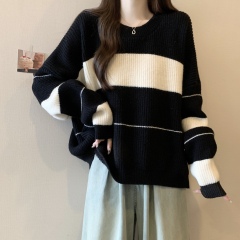 Photographed~ Fat MM large code lazy style thick color-blocking striped loose slimming knit sweater