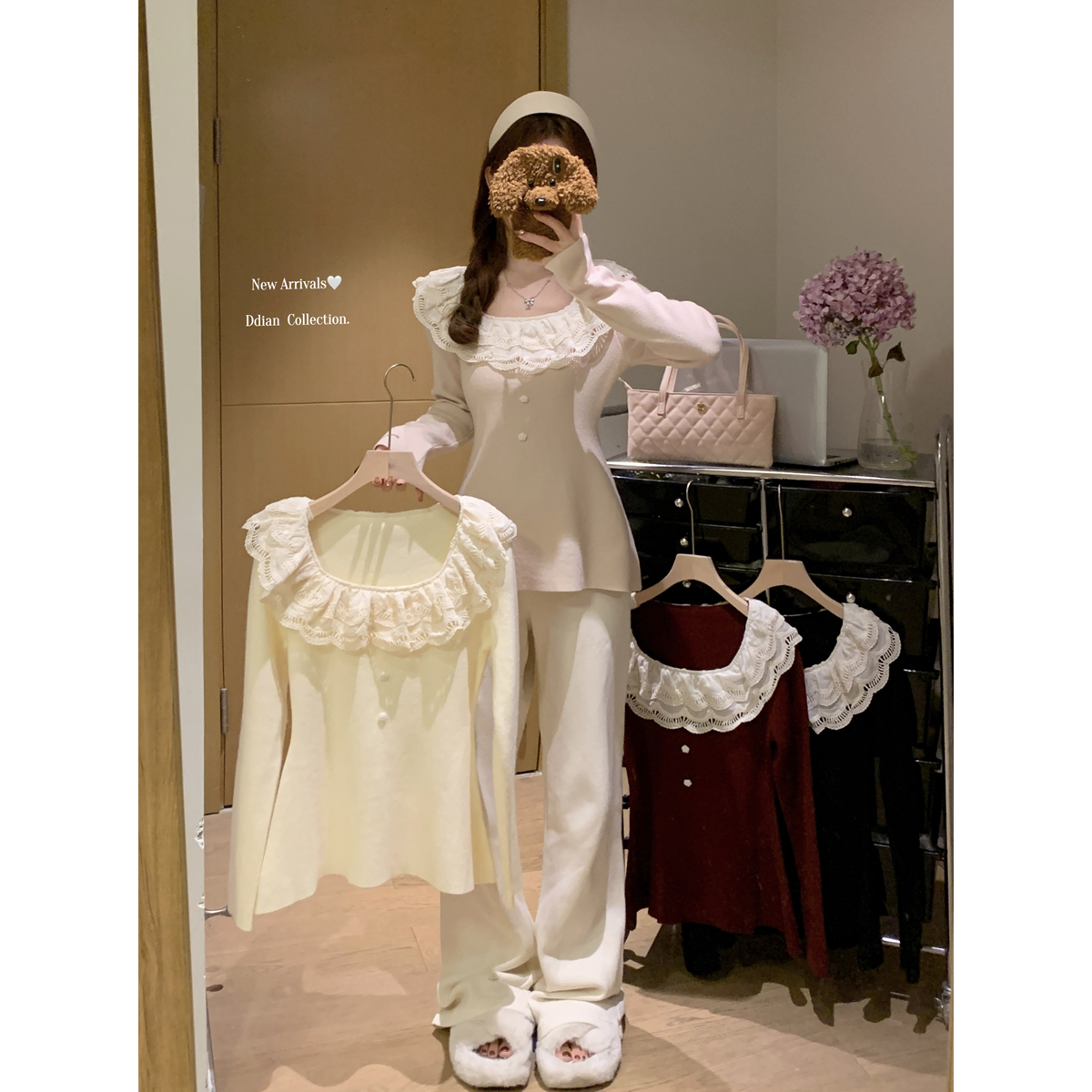 Actual shot of autumn and winter Korean style sweet square neck splicing ruffled Andy velvet sweater bottoming sweater top