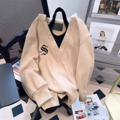 Original workmanship large size halterneck design v-neck hooded sweatshirt women's autumn fake two-piece coat top