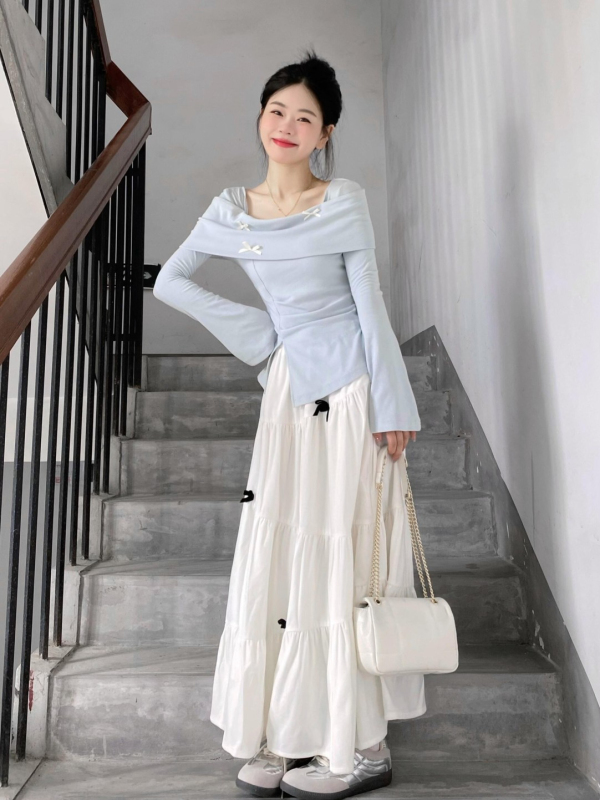 Sweetly designed bow one-shoulder long-sleeved T-shirt for women in early autumn, slim and chic, beautiful top