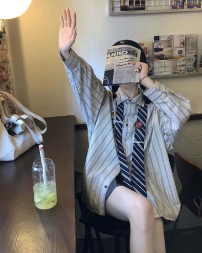 Tie brooch vintage striped shirt women's loose tie shirt top