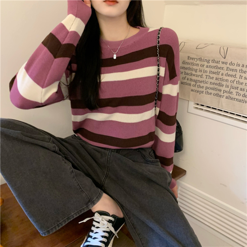 Actual price Stitched contrasting color round neck pullover striped loose sweater women's long-sleeved sweater top