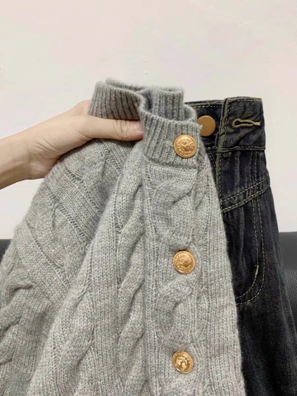 Sheep cashmere #college style versatile short sweater women's autumn and winter small cable gray sweater jacket