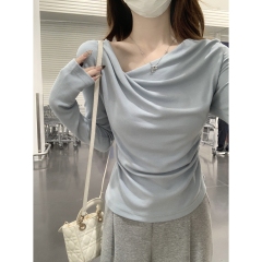 Actual shot of autumn and winter Korean style pure lust swing collar design slimming cashmere inner long-sleeved bottoming T-shirt top